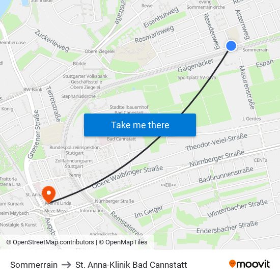 Sommerrain to St. Anna-Klinik Bad Cannstatt map