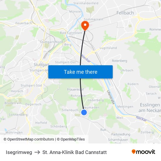 Isegrimweg to St. Anna-Klinik Bad Cannstatt map