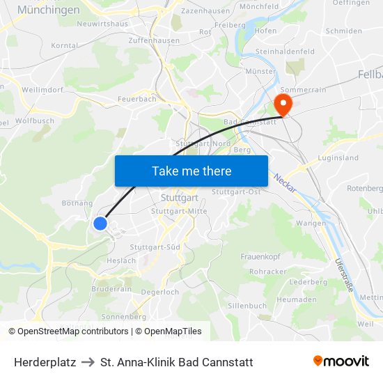 Herderplatz to St. Anna-Klinik Bad Cannstatt map