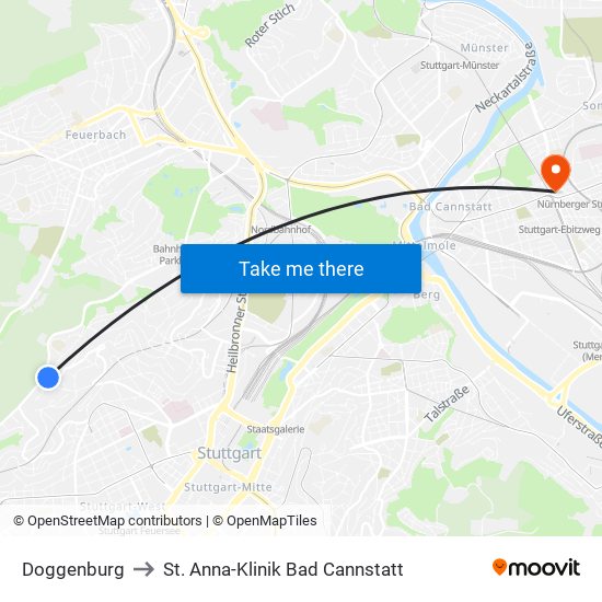 Doggenburg to St. Anna-Klinik Bad Cannstatt map