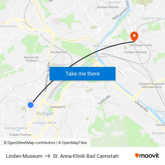Linden-Museum to St. Anna-Klinik Bad Cannstatt map