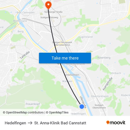 Hedelfingen to St. Anna-Klinik Bad Cannstatt map