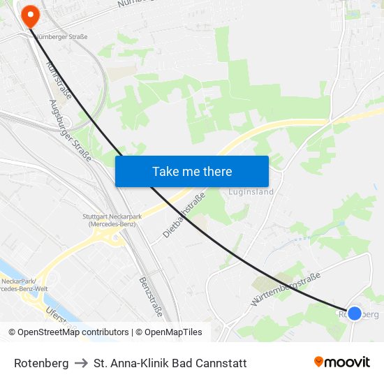 Rotenberg to St. Anna-Klinik Bad Cannstatt map