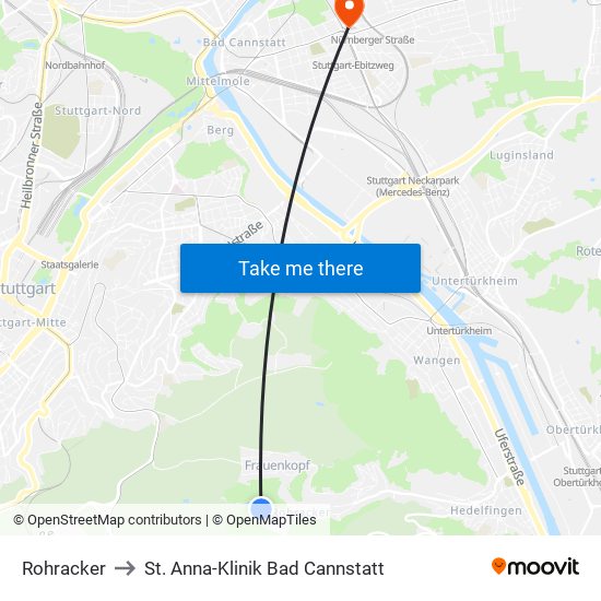 Rohracker to St. Anna-Klinik Bad Cannstatt map