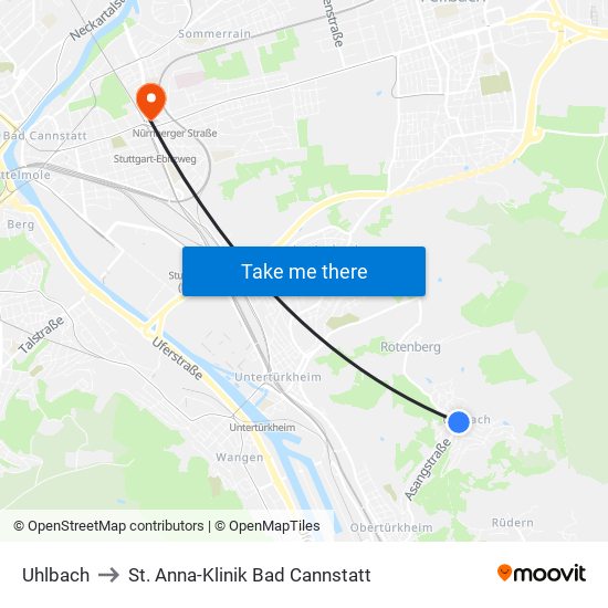 Uhlbach to St. Anna-Klinik Bad Cannstatt map