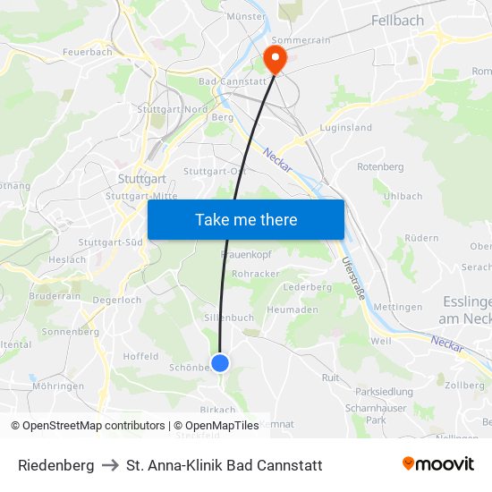 Riedenberg to St. Anna-Klinik Bad Cannstatt map