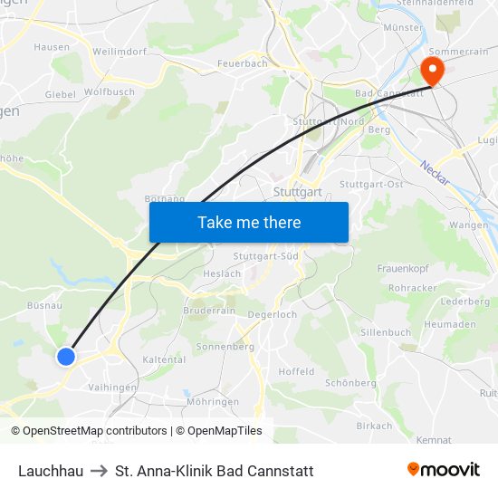 Lauchhau to St. Anna-Klinik Bad Cannstatt map