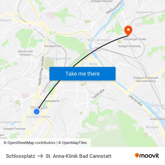 Schlossplatz to St. Anna-Klinik Bad Cannstatt map
