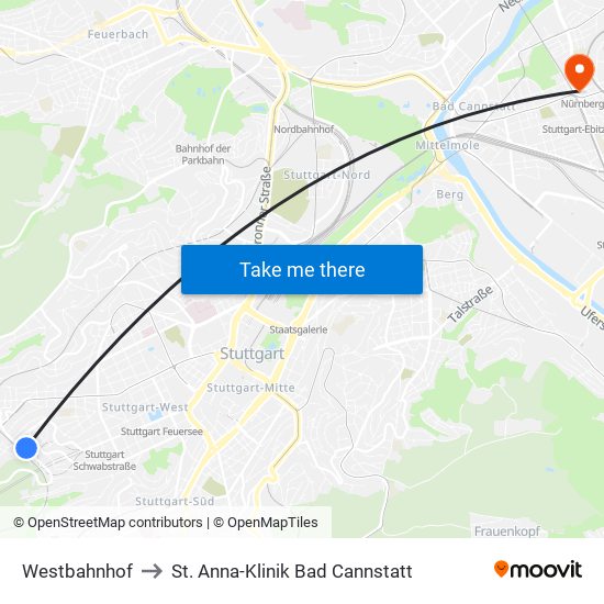 Westbahnhof to St. Anna-Klinik Bad Cannstatt map