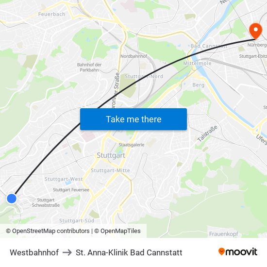 Westbahnhof to St. Anna-Klinik Bad Cannstatt map