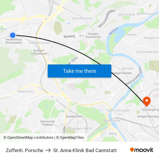 Zuffenh. Porsche to St. Anna-Klinik Bad Cannstatt map