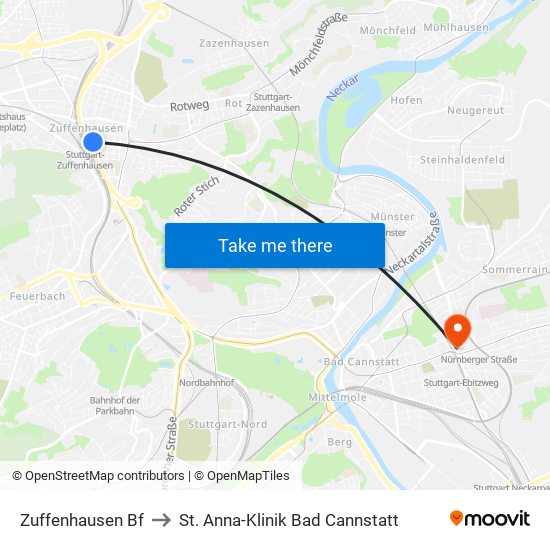Zuffenhausen Bf to St. Anna-Klinik Bad Cannstatt map