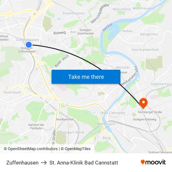 Zuffenhausen to St. Anna-Klinik Bad Cannstatt map