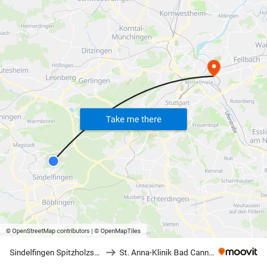 Sindelfingen Spitzholzstraße to St. Anna-Klinik Bad Cannstatt map