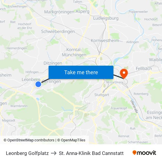 Leonberg Golfplatz to St. Anna-Klinik Bad Cannstatt map