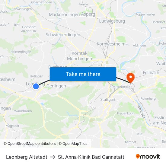 Leonberg Altstadt to St. Anna-Klinik Bad Cannstatt map