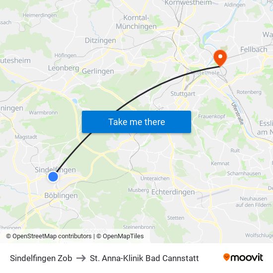 Sindelfingen Zob to St. Anna-Klinik Bad Cannstatt map