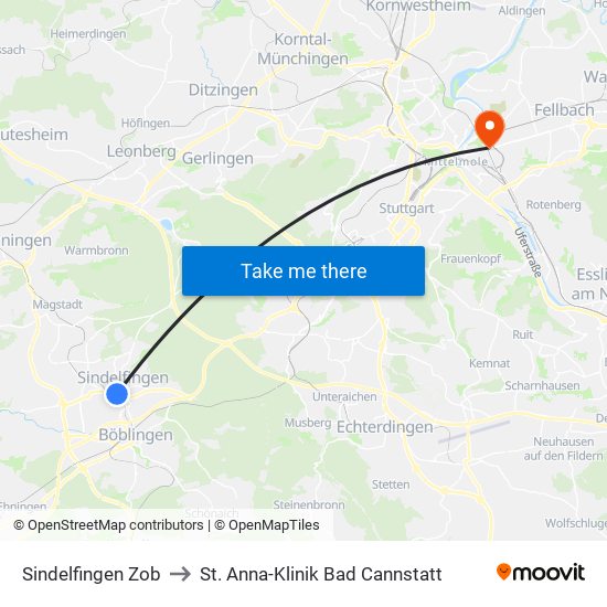 Sindelfingen Zob to St. Anna-Klinik Bad Cannstatt map