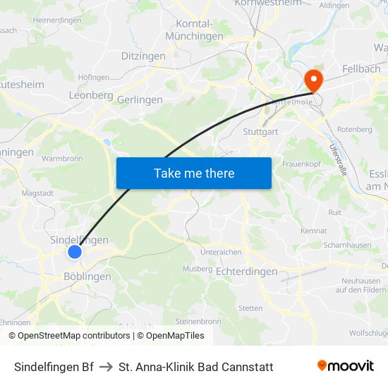 Sindelfingen Bf to St. Anna-Klinik Bad Cannstatt map