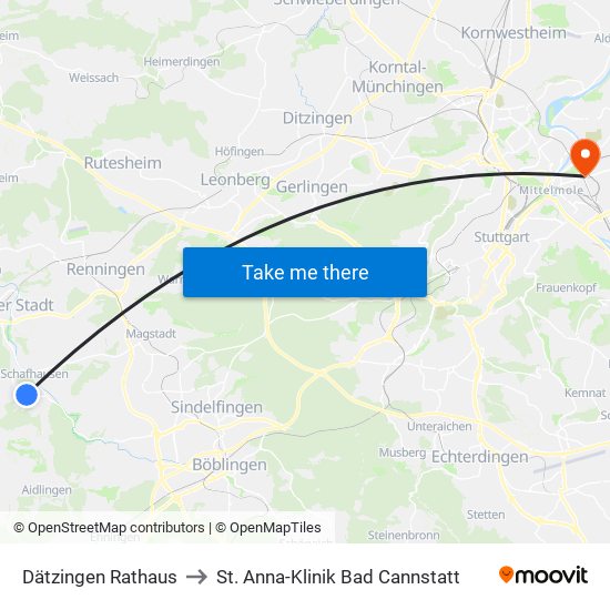 Dätzingen Rathaus to St. Anna-Klinik Bad Cannstatt map