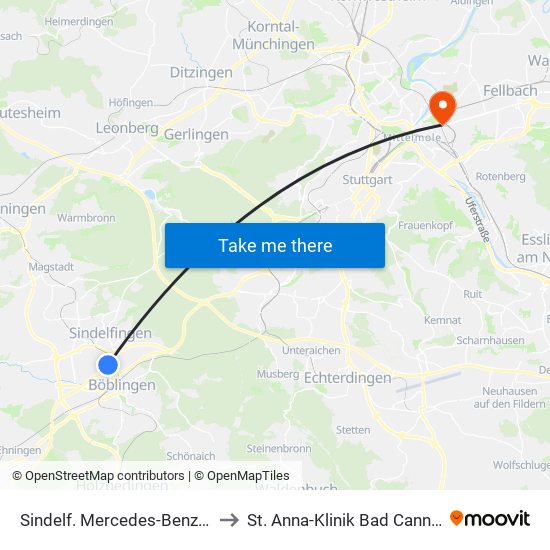 Sindelf. Mercedes-Benz Tor I to St. Anna-Klinik Bad Cannstatt map