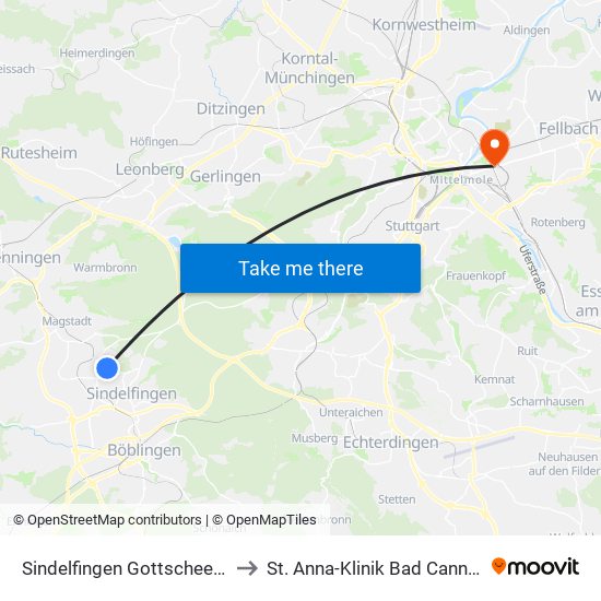 Sindelfingen Gottscheer Str. to St. Anna-Klinik Bad Cannstatt map