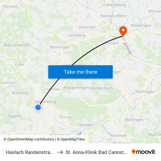 Haslach Randenstraße to St. Anna-Klinik Bad Cannstatt map