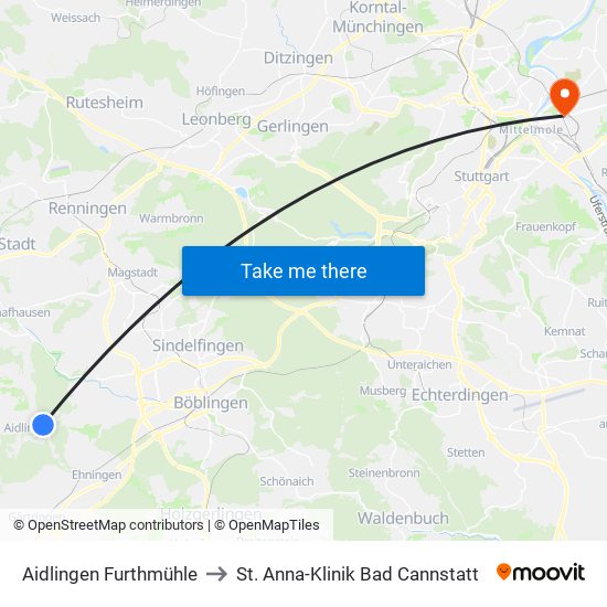 Aidlingen Furthmühle to St. Anna-Klinik Bad Cannstatt map