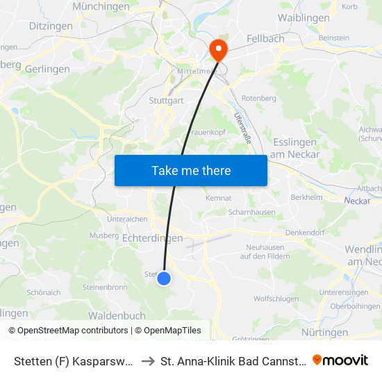 Stetten (F) Kasparswald to St. Anna-Klinik Bad Cannstatt map