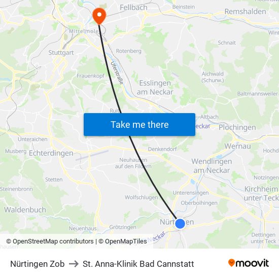 Nürtingen Zob to St. Anna-Klinik Bad Cannstatt map