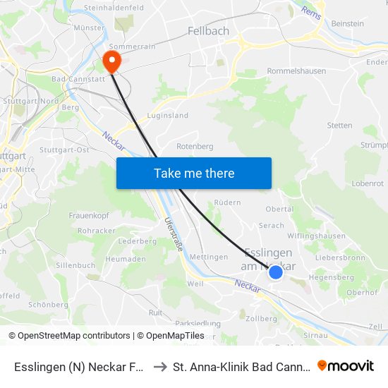 Esslingen (N) Neckar Forum to St. Anna-Klinik Bad Cannstatt map