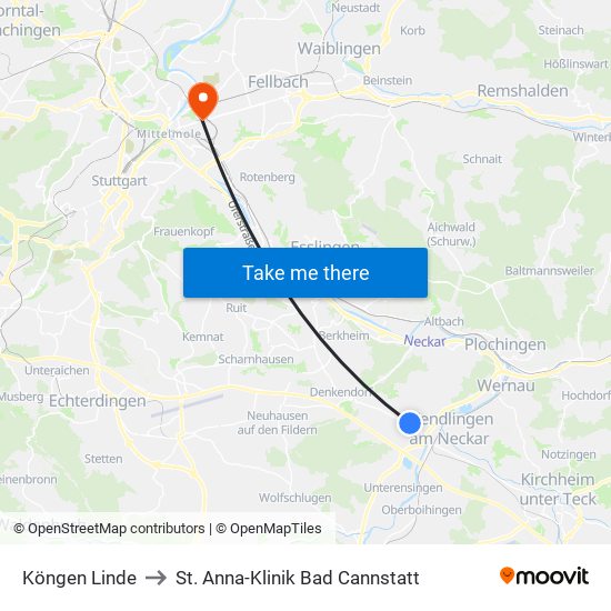 Köngen Linde to St. Anna-Klinik Bad Cannstatt map