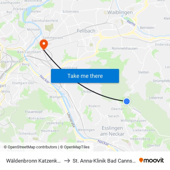 Wäldenbronn Katzenkopf to St. Anna-Klinik Bad Cannstatt map