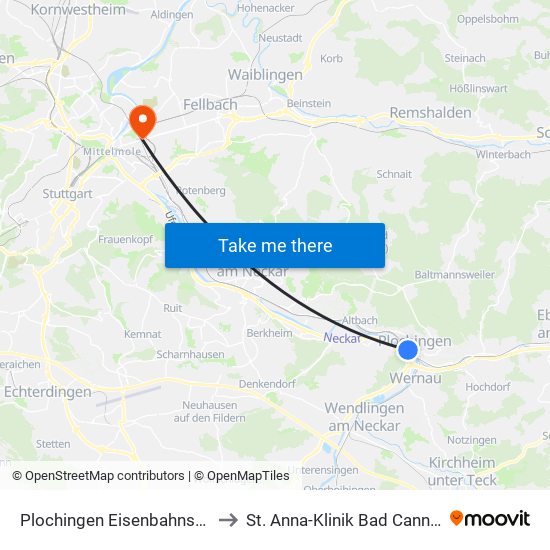 Plochingen Eisenbahnstraße to St. Anna-Klinik Bad Cannstatt map