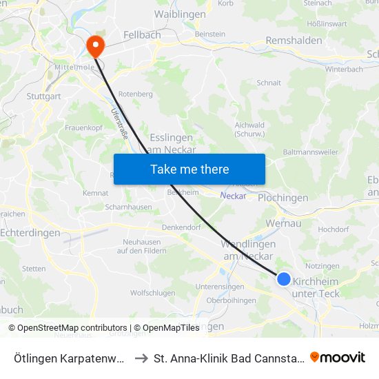 Ötlingen Karpatenweg to St. Anna-Klinik Bad Cannstatt map
