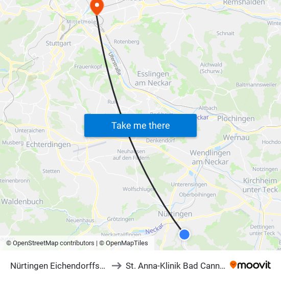 Nürtingen Eichendorffstraße to St. Anna-Klinik Bad Cannstatt map