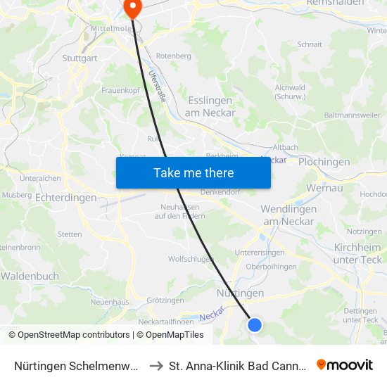 Nürtingen Schelmenwasen to St. Anna-Klinik Bad Cannstatt map