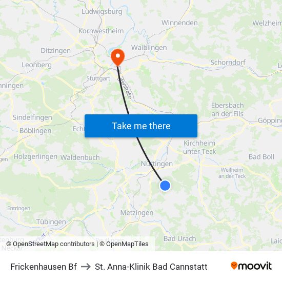 Frickenhausen Bf to St. Anna-Klinik Bad Cannstatt map