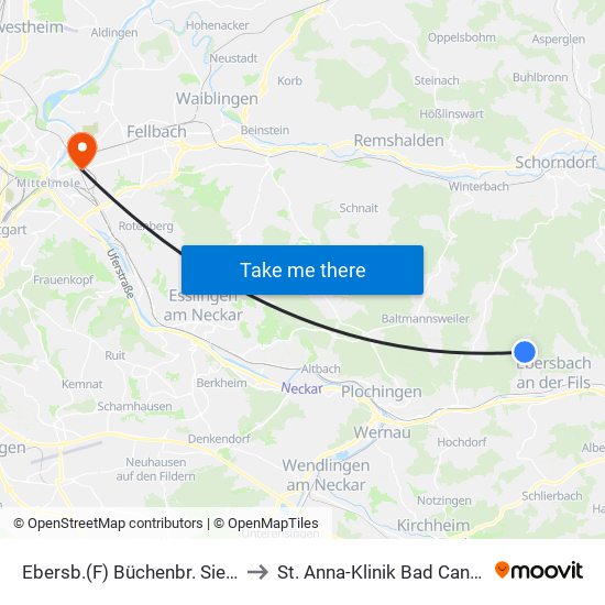Ebersb.(F) Büchenbr. Siedlung to St. Anna-Klinik Bad Cannstatt map
