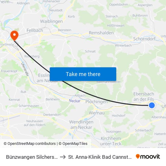 Bünzwangen Silcherstr. to St. Anna-Klinik Bad Cannstatt map