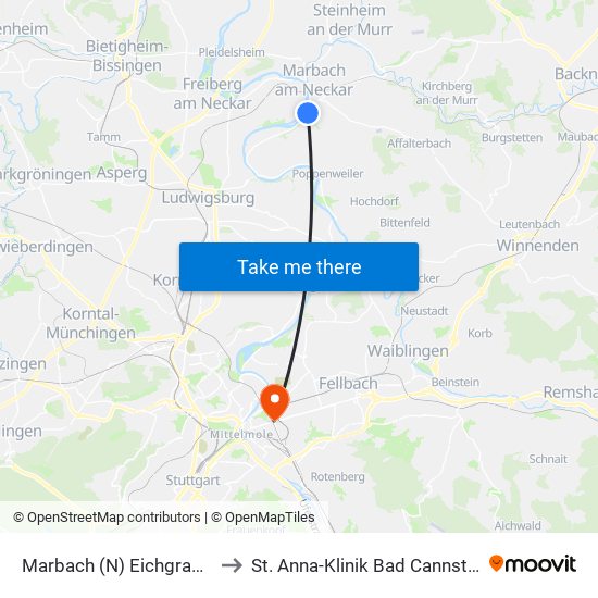 Marbach (N) Eichgraben to St. Anna-Klinik Bad Cannstatt map