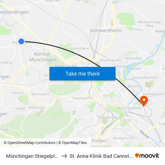 Münchingen Stiegelplatz to St. Anna-Klinik Bad Cannstatt map