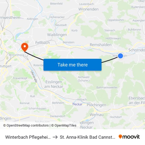 Winterbach Pflegeheim to St. Anna-Klinik Bad Cannstatt map