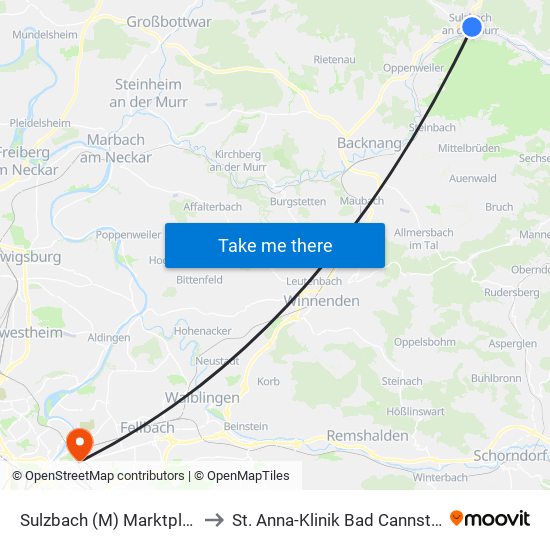 Sulzbach (M) Marktplatz to St. Anna-Klinik Bad Cannstatt map