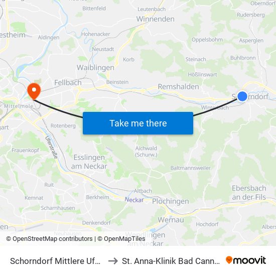 Schorndorf Mittlere Uferstr. to St. Anna-Klinik Bad Cannstatt map