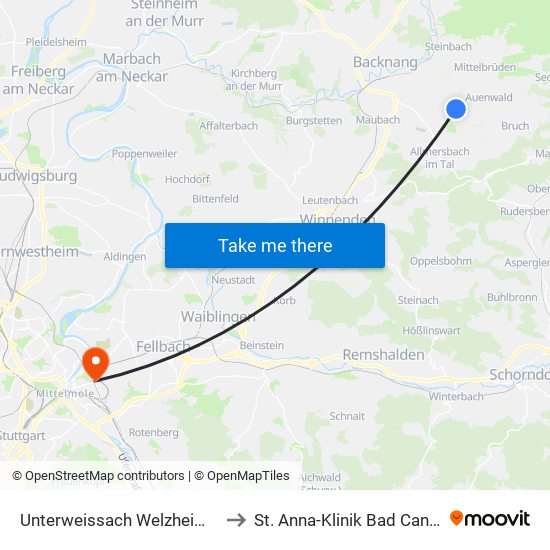 Unterweissach Welzheimer Str. to St. Anna-Klinik Bad Cannstatt map