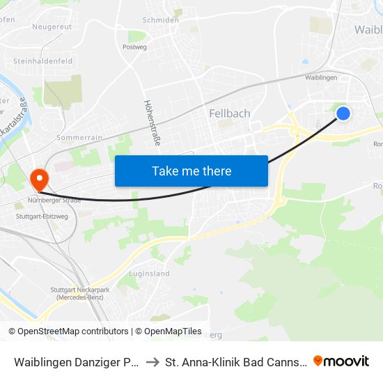 Waiblingen Danziger Platz to St. Anna-Klinik Bad Cannstatt map