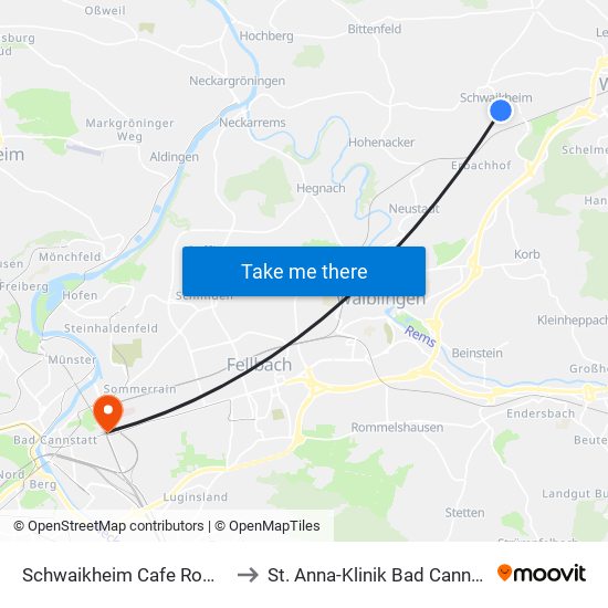 Schwaikheim Cafe Rommel to St. Anna-Klinik Bad Cannstatt map