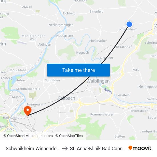 Schwaikheim Winnender Str. to St. Anna-Klinik Bad Cannstatt map