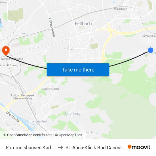 Rommelshausen Karlstr. to St. Anna-Klinik Bad Cannstatt map